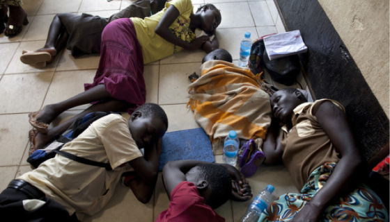 Patients sleep on the floor of the out patient department waiting for their malaria test results at the Juba Teaching hospital which has a shortage of beds