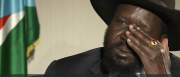 President Salva Kiir wiping his face with no handkerchief during a hard talk on Al Jazeera in Juba, South Sudan(Photo: extracted from youtube)