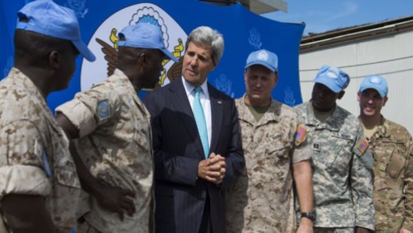 U.S. Secretary of State John Kerry speaks with members of the U.S. military working with the United Nations at the United Nations Mission in South Sudan...